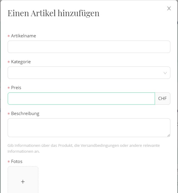 Fülle das Formular aus, um einen Artikel hinzuzufügen.