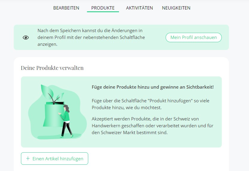 Gehe zum Produkt-Tab, um deine Produkte hinzuzufügen.